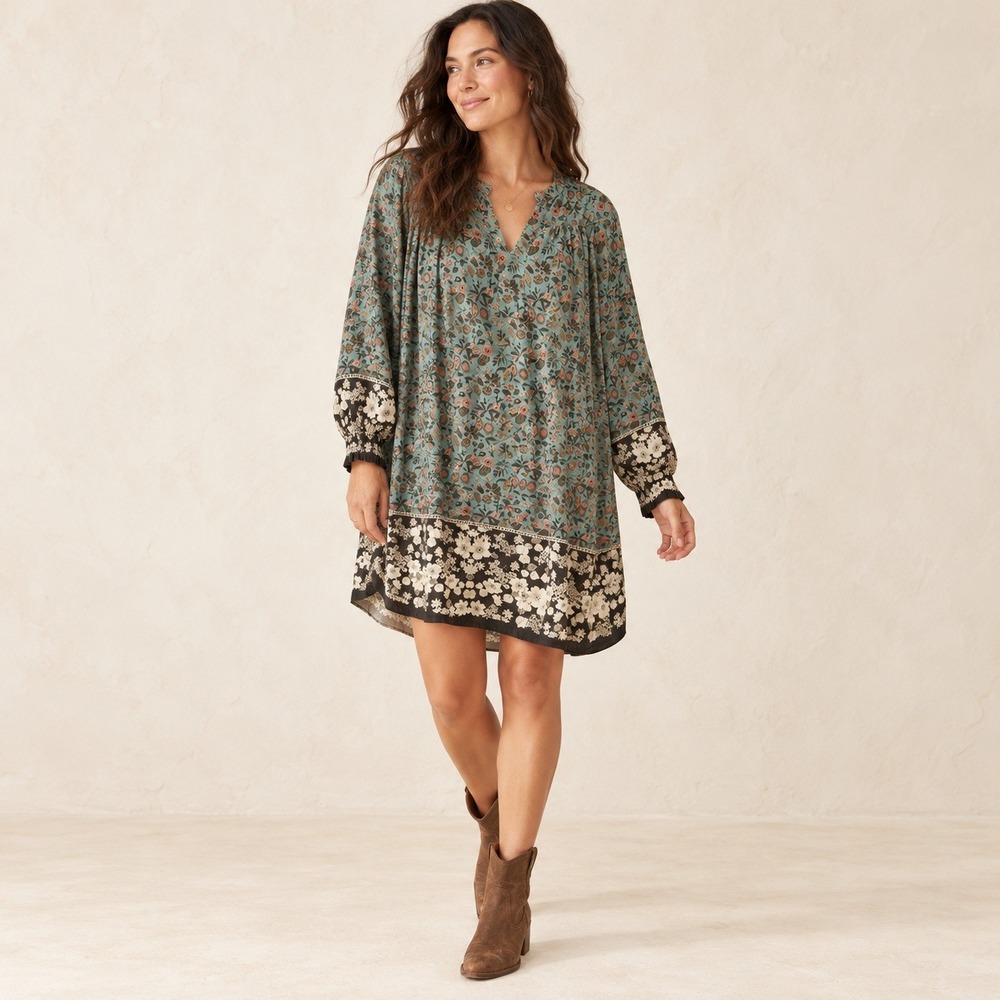 Natural Life Dara VNeck Tunic Dress Sage Floral Long Poet Sleeve NWT S Oversized